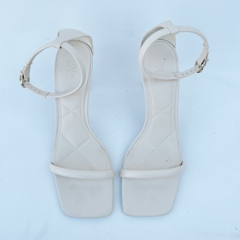 Zara White Cream Leather Ankle Heel Buckle Square Toe Heels Sandals 42 Straps 11